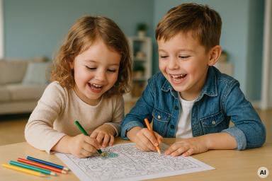 Zwei Kinder malen lachend mit Buntstiften an einem Ausmalbild am Tisch.