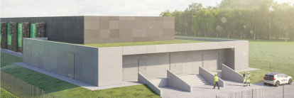 Technisches Betriebsgebäude in parkähnlicher Landschaft mit Bäumen im Hintergrund