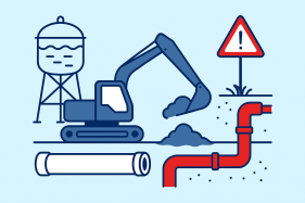 Illustration: Bauarbeiten an Wasserleitungen mit Bagger, Rohrleitungen und Warnschild