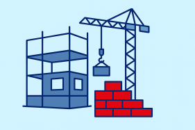 Illustration: Kran und Rohbau mit Ziegelmauer auf einer Baustelle