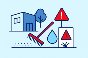 Illustration: ein Gebäude mit Baum und Besen davor