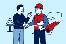 Illustration: Kunde und Handwerker geben sich vor einer Baustelle die Hand