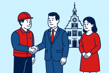 Illustration: Bauarbeiter und Verwaltungsmitarbeiter geben sich vor einem Rathaus die Hand, daneben steht eine Frau.