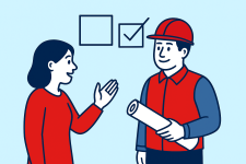 Illustration: Kundin im Gespräch mit Handwerker zur gemeinsamen Planung eines Projekts