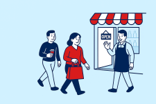 Illustration: Freundlicher Ladenbesitzer begrüßt zwei Kund:innen vor geöffnetem Geschäft