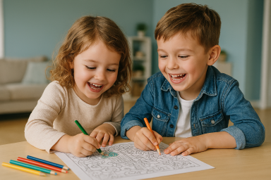 Zwei Kinder malen lachend mit Buntstiften an einem Ausmalbild am Tisch.