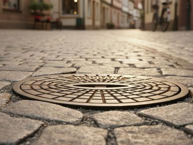 Hydrantendeckel in einer historischen Altstadt