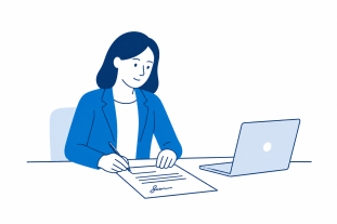 Illustration: Person unterzeichnet Dokument am Schreibtisch mit Laptop im Hintergrund.