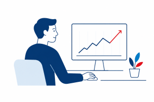 Illustration: Person arbeitet am Computer und betrachtet steigendes Diagramm auf dem Bildschirm.