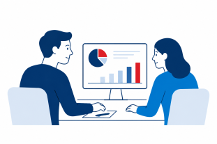 Illustration: Zwei Personen analysieren Diagramme auf einem Bildschirm am Arbeitsplatz